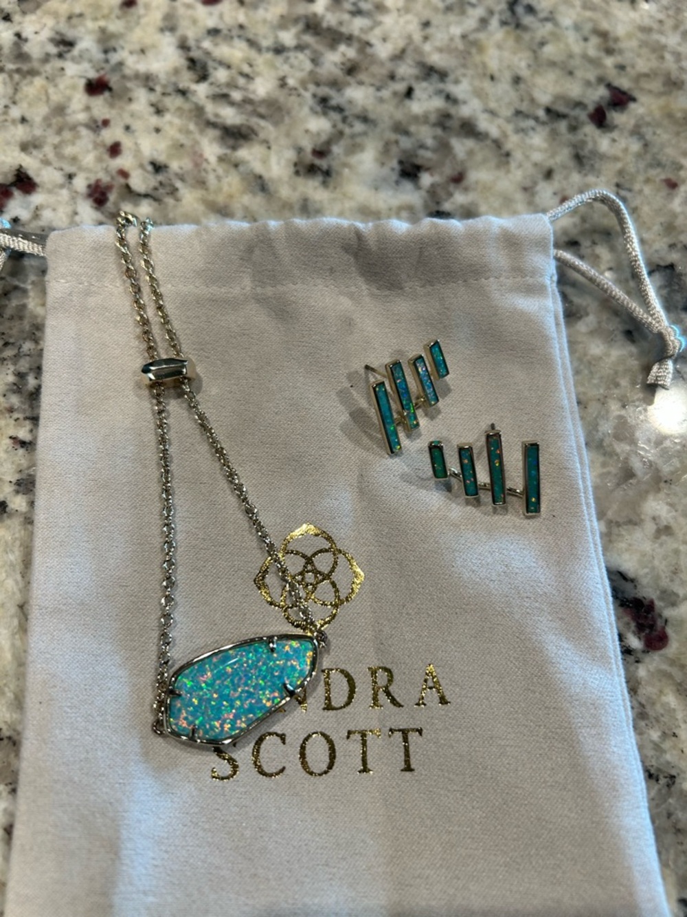 Kendra Scott Gold Earrings and Pulley Bracelet with Blue-Green Opal Stones